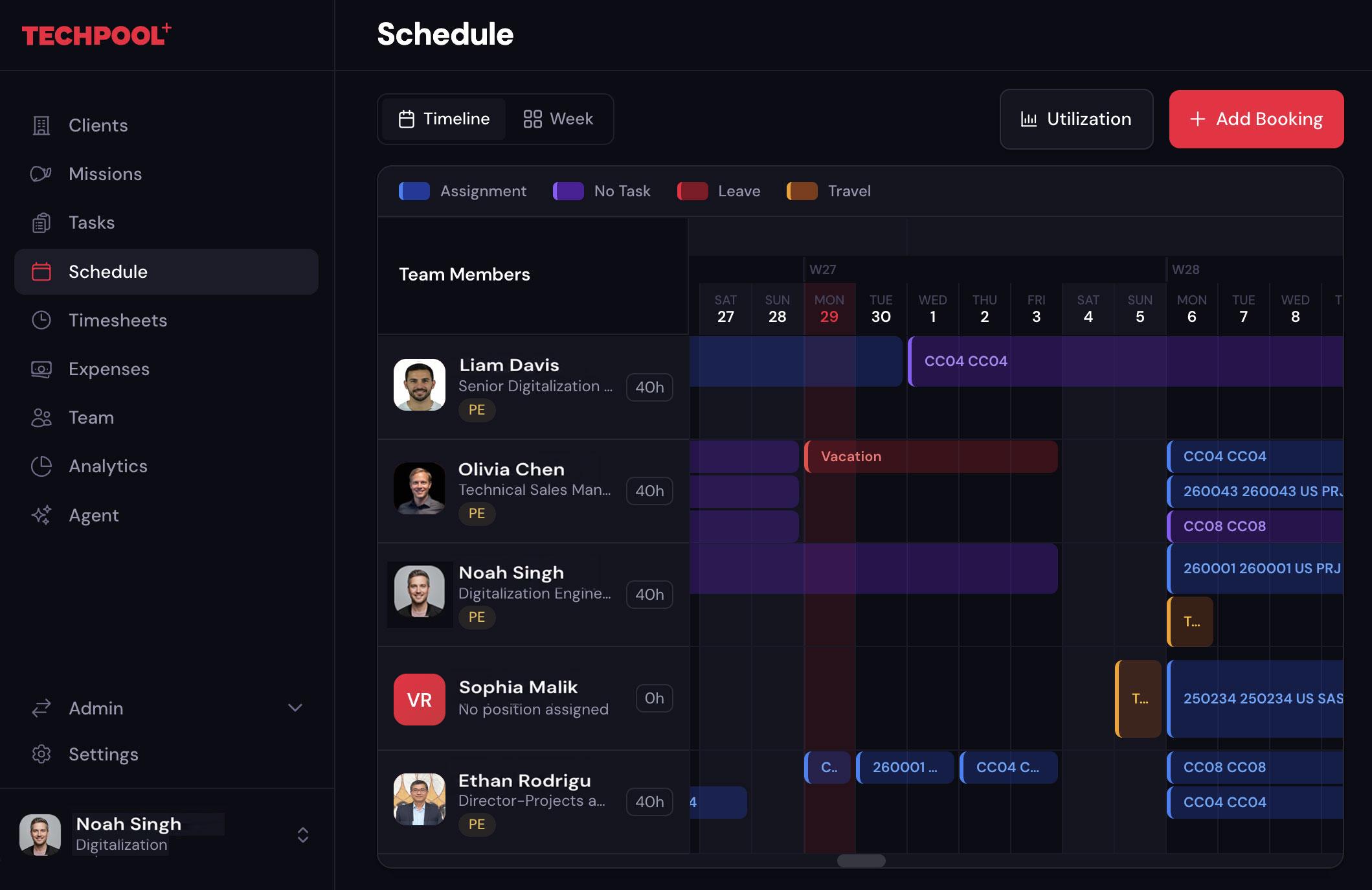 Techpool scheduling timeline showing team bookings, assignments, leave, and travel across the week